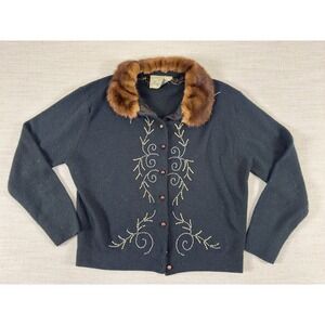 Vintage Park Story Black Beaded Cardigan Faux Fur Collar Sweater Retro MCM